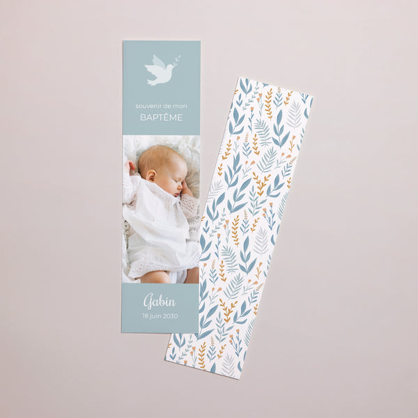 Marque-page Baptême Marque-page Colombe, bandeau floral, bleu photo