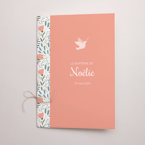 Livret de messe Baptême Double volet Colombe, bandeau floral, rose photo