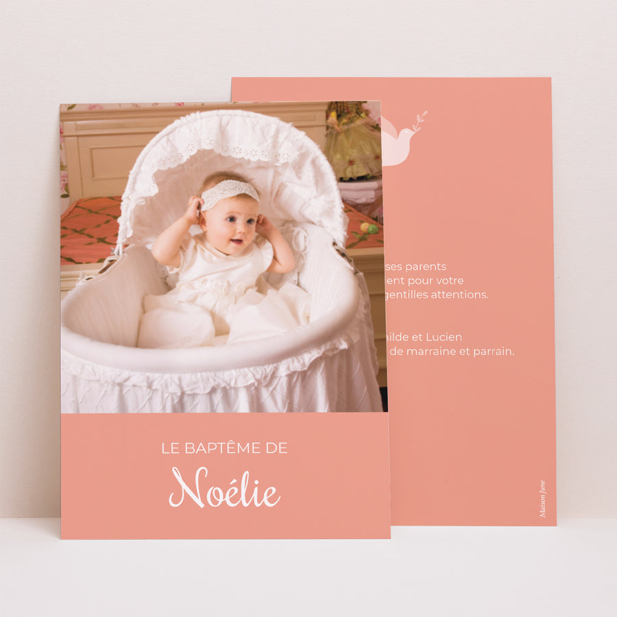 Remerciements Baptême Portrait Colombe, bandeau floral, rose photo