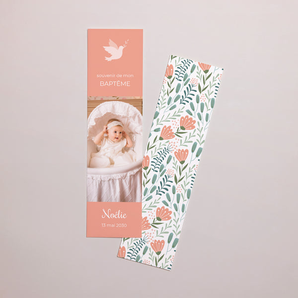 Marque-page Baptême Marque-page Colombe, bandeau floral, rose photo