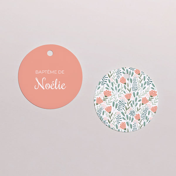 Etiquette perforée Baptême Ronde Colombe, bandeau floral, rose photo