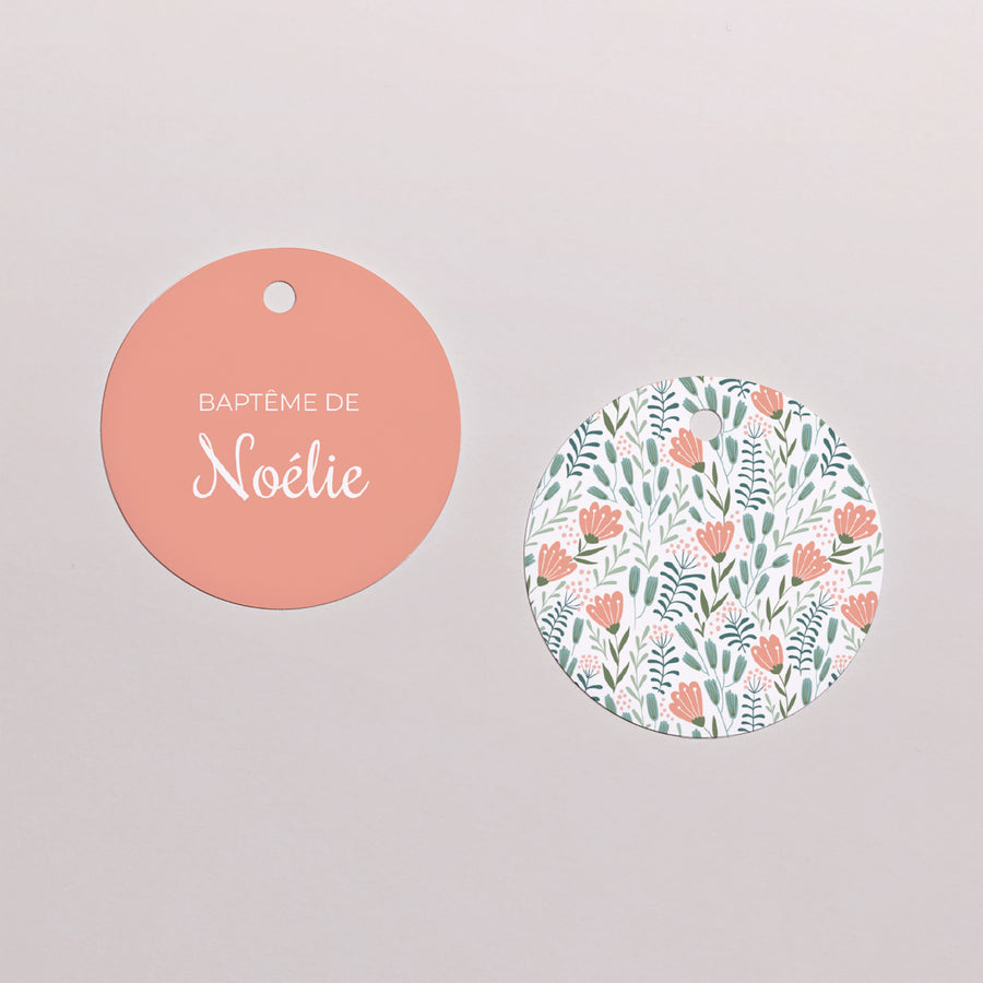 Etiquette perforée Baptême Ronde Colombe, bandeau floral, rose photo