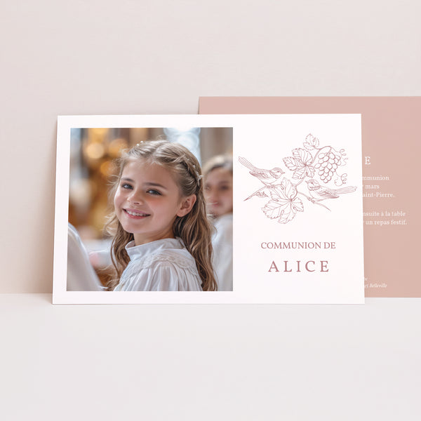 Faire-part Communion Paysage Oiseaux et Photo, vigne, rose photo