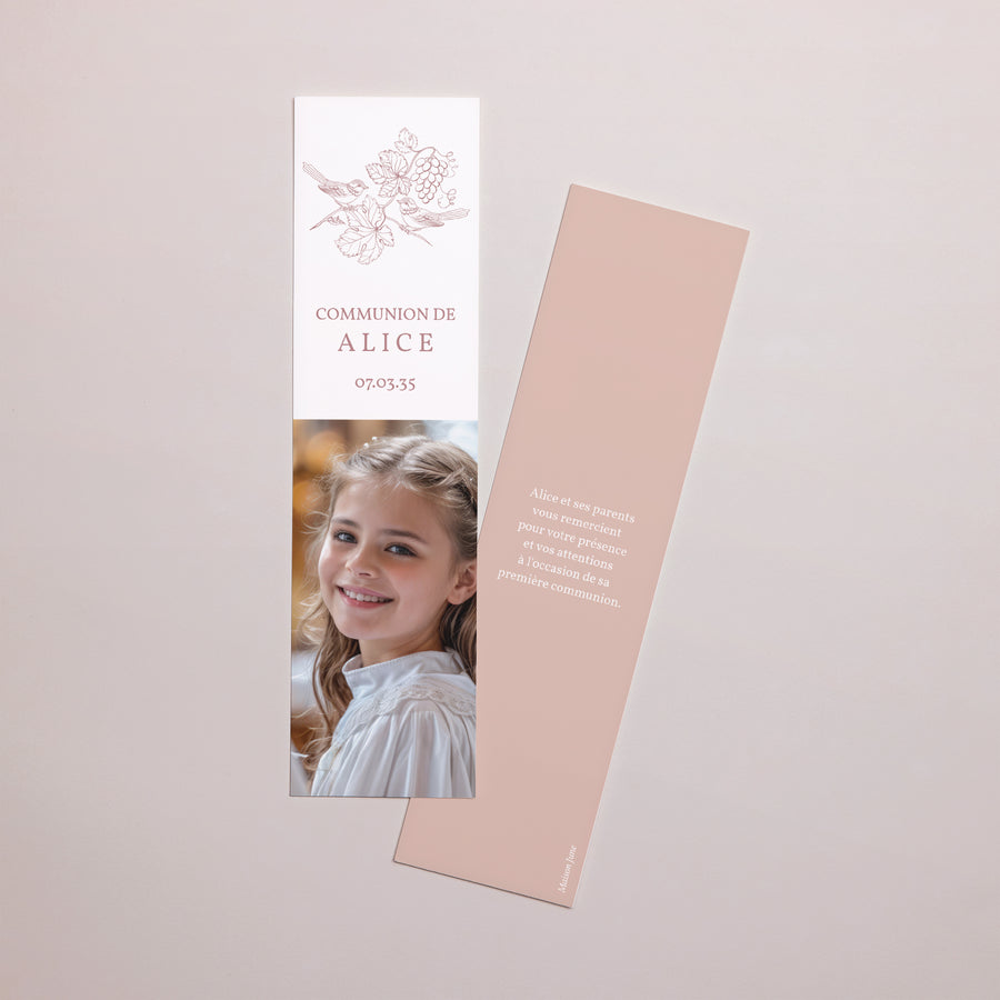 Remerciements Communion Marque-page Oiseaux et Photo, vigne, rose photo