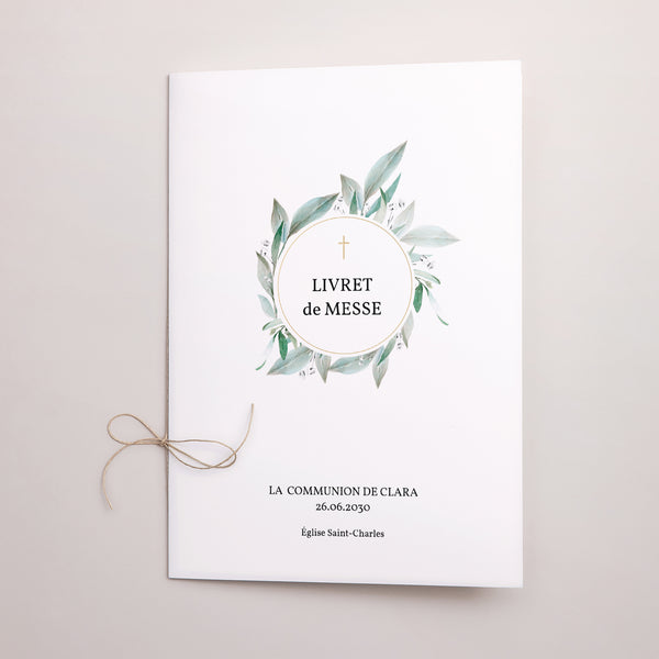 Livret de messe Communion Double volet Couronne Florale, médaillon et croix d'or photo