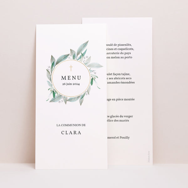 Menu Communion Panoramique portrait Couronne Florale, médaillon et croix d'or photo