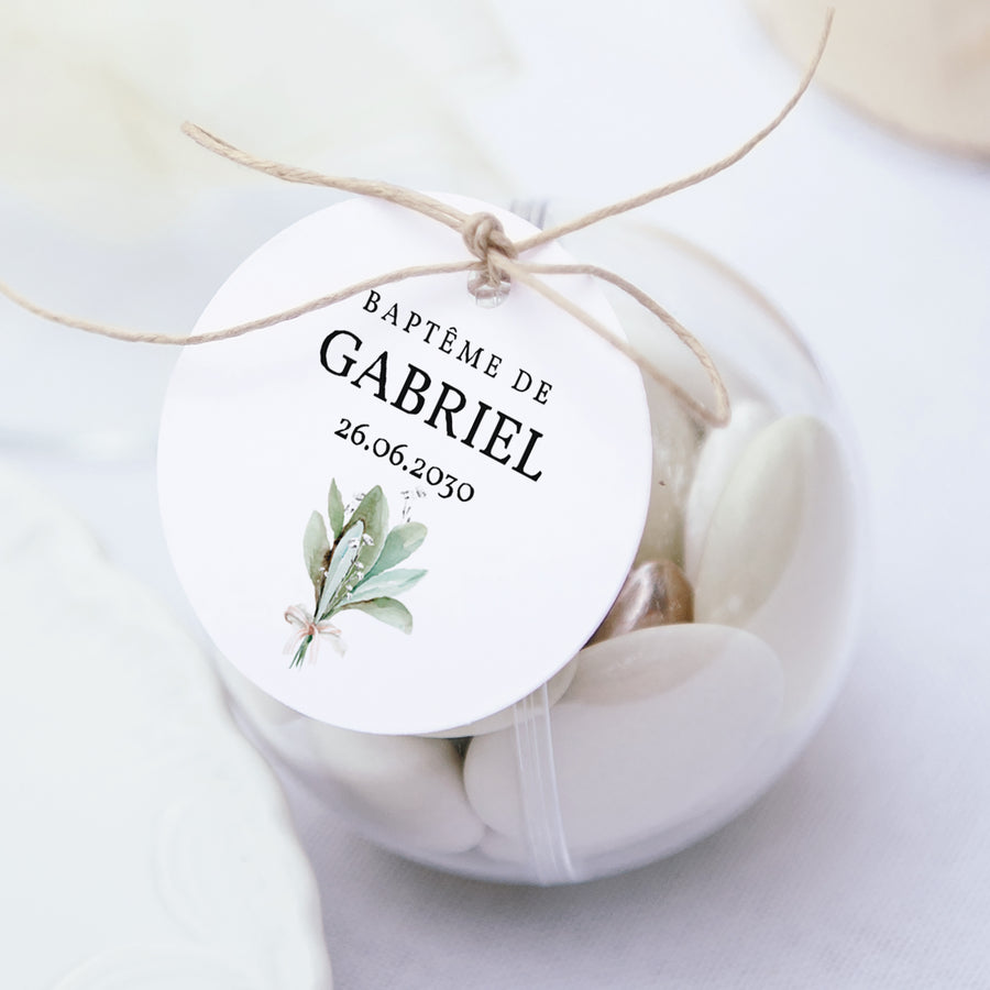 Boîte à dragées Baptême boule avec étiquette ronde Couronne florale II photo