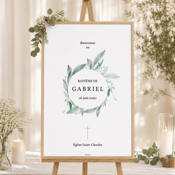 Panneau bienvenue Baptême Portrait 60 x 90 cm Couronne florale II photo