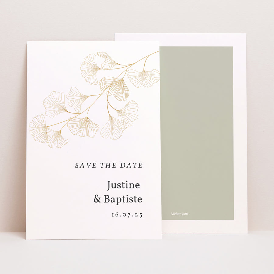 Save the date Mariage Portrait Ginkgo Biloba, Feuilles d'or photo