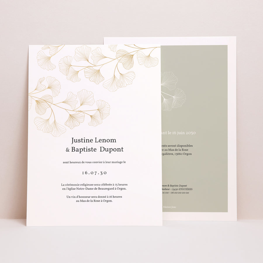 Faire-part Mariage Grand format rectangle Ginkgo Biloba, Feuilles d'or photo