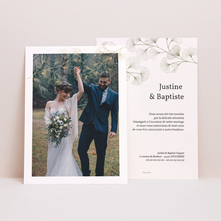 Remerciements Mariage Portrait Ginkgo Biloba, Feuilles d'or photo