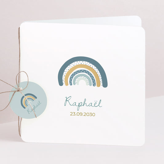 Faire-part Naissance Carré double volet, coins arrondis, étiquette ronde Arc-en-ciel bleu, jolie étiquette photo