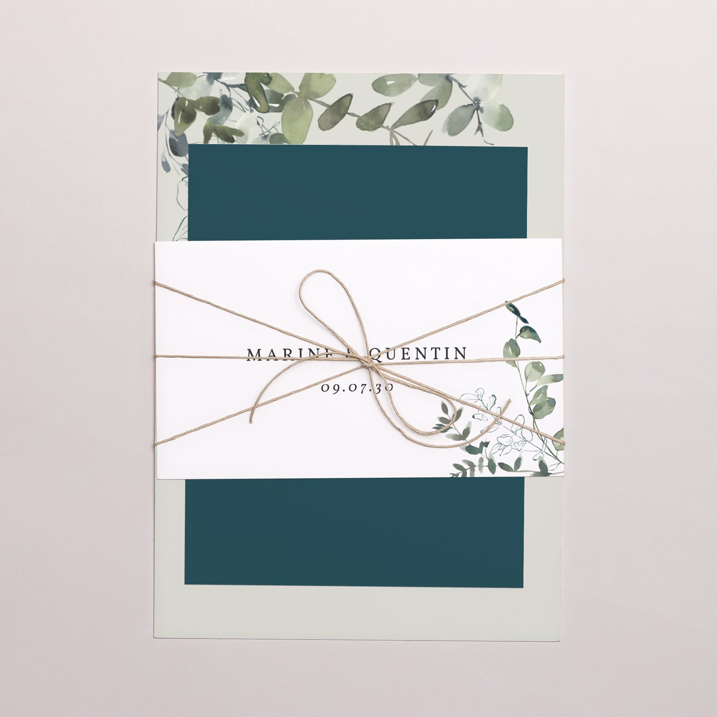 Faire-part Mariage 3 cartes, ruban Floral et Eucalyptus photo N° 1