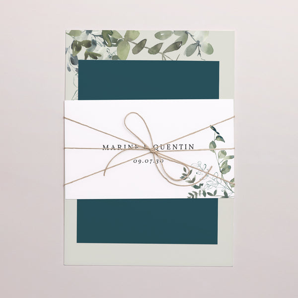 Faire-part Mariage 3 cartes, ruban Floral et Eucalyptus photo