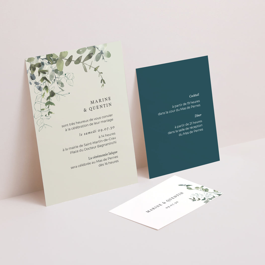 Faire-part Mariage 3 cartes, ruban Floral et Eucalyptus photo N° 2