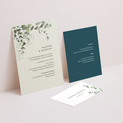 Faire-part Mariage 3 cartes, ruban Floral et Eucalyptus photo N° 2