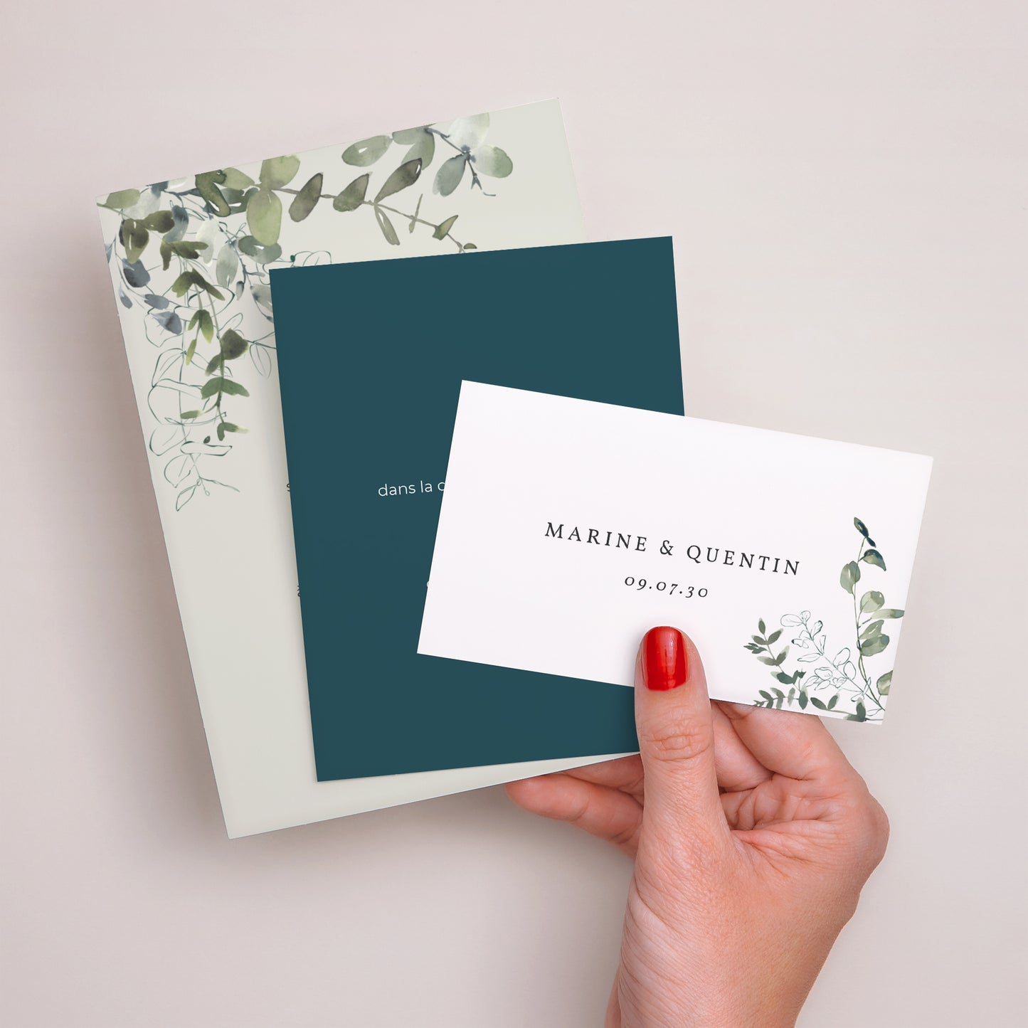 Faire-part Mariage 3 cartes, ruban Floral et Eucalyptus photo N° 3