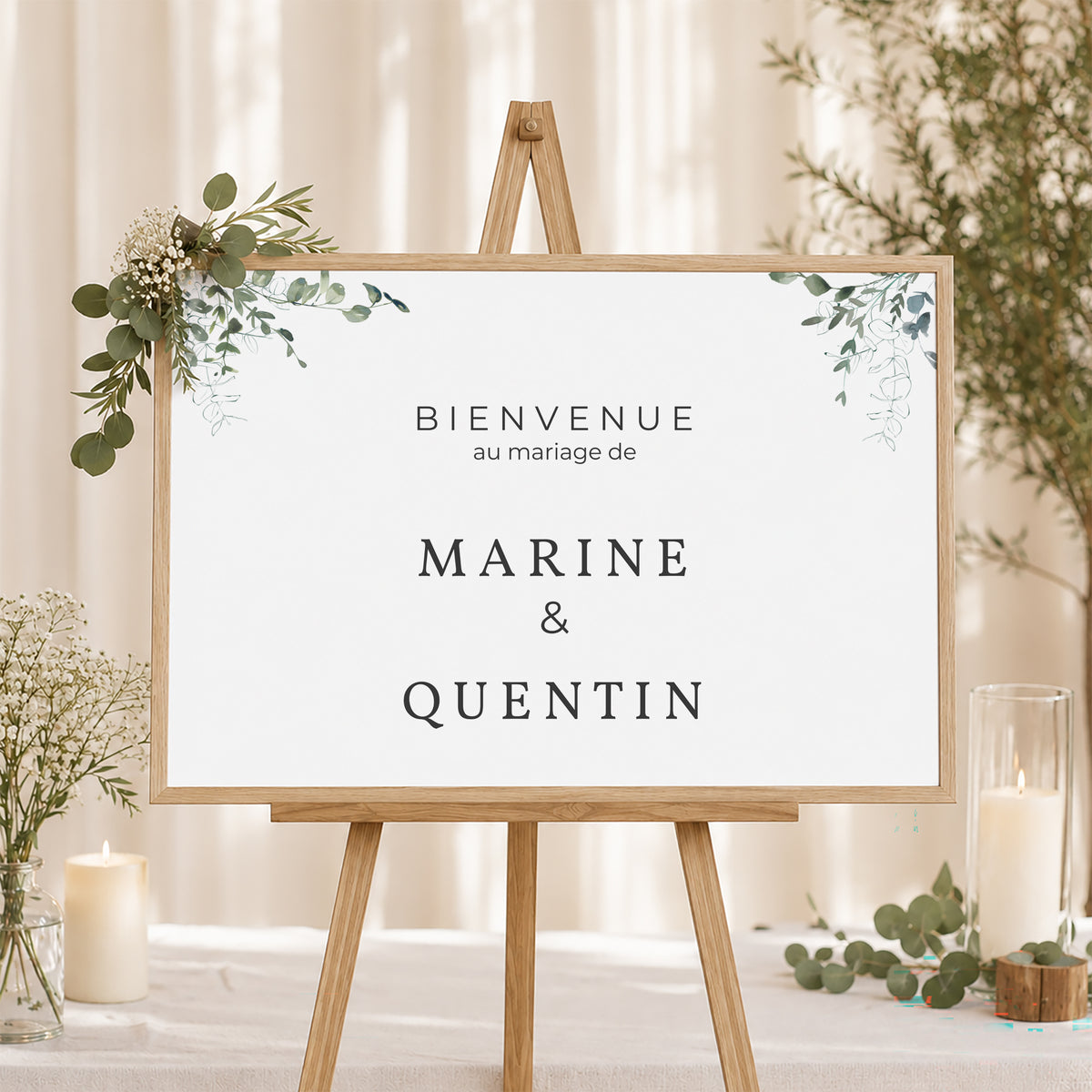 Panneau bienvenue Mariage Paysage 90 x 60 cm Floral et Eucalyptus photo N° 1