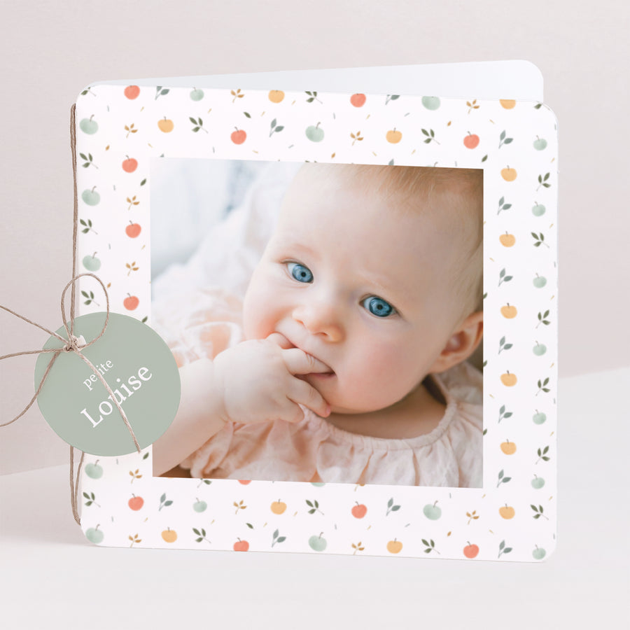 Faire-part Naissance Carré double volet, coins arrondis, étiquette ronde Happy pomme photo