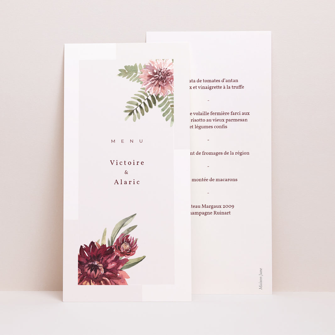 Menu Mariage Panoramique portrait Accord floral, Dahlia & Fougères photo N° 1