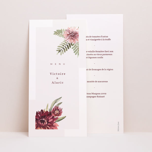 Menu Mariage Panoramique portrait Accord floral, Dahlia & Fougères photo