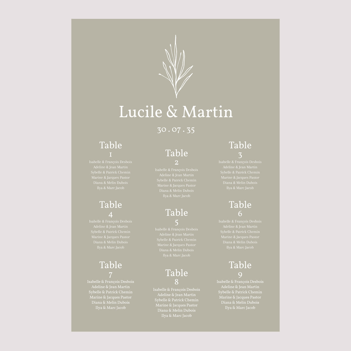 Plan de table Mariage Portrait 60 x 90 cm Ton pastel photo N° 2