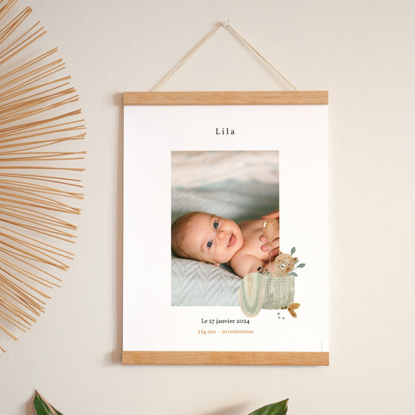 Affiche Naissance Portrait 30 x 40 cm Ourson Mignon, panier osier & Ballon photo