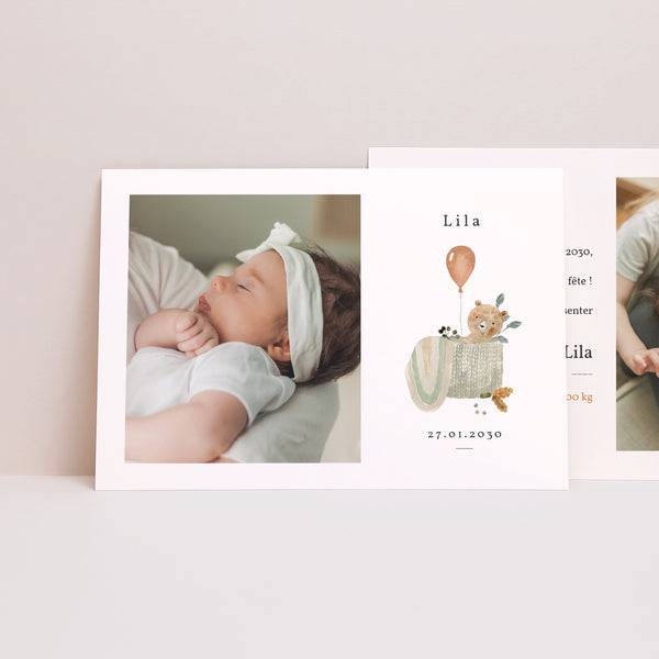 Faire-part Naissance Paysage Ourson Mignon, panier osier & Ballon photo