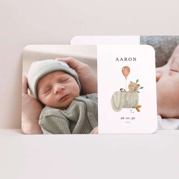 Faire-part Naissance Paysage, bords arrondis Ourson Mignon, panier osier & Ballon photo