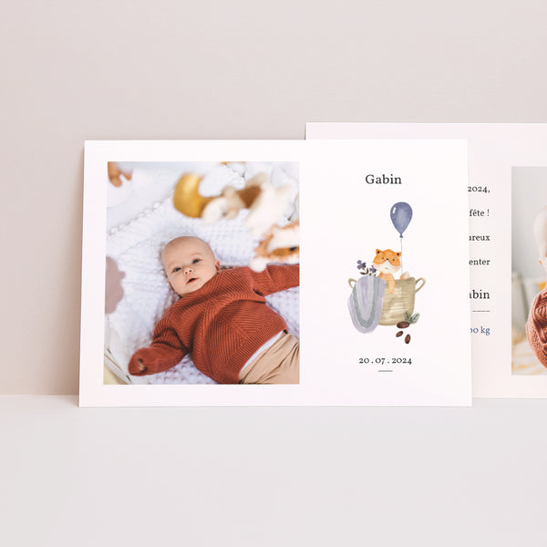 Faire-part Naissance Paysage Petit Renard, panier osier & Ballon violet photo