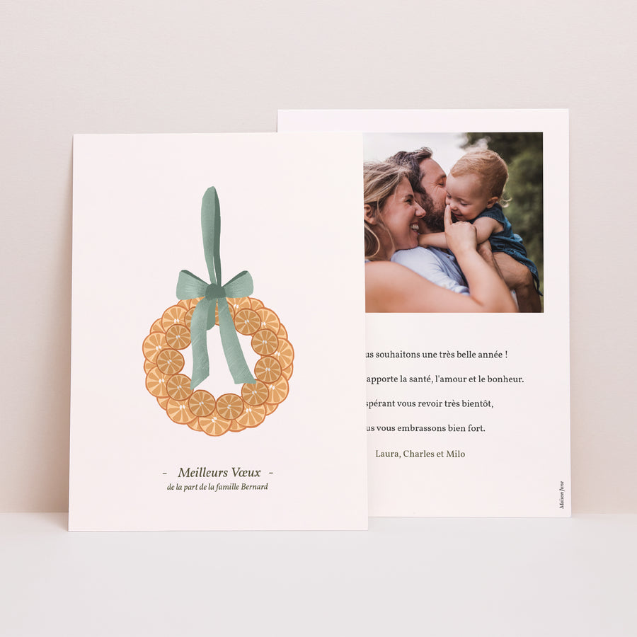 Carte de voeux Fin d'année Portrait Couronne d'oranges de Noël & photo photo