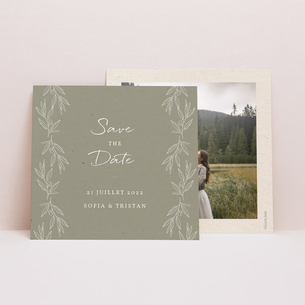 Save the date Mariage Carré Olivier texture papier photo