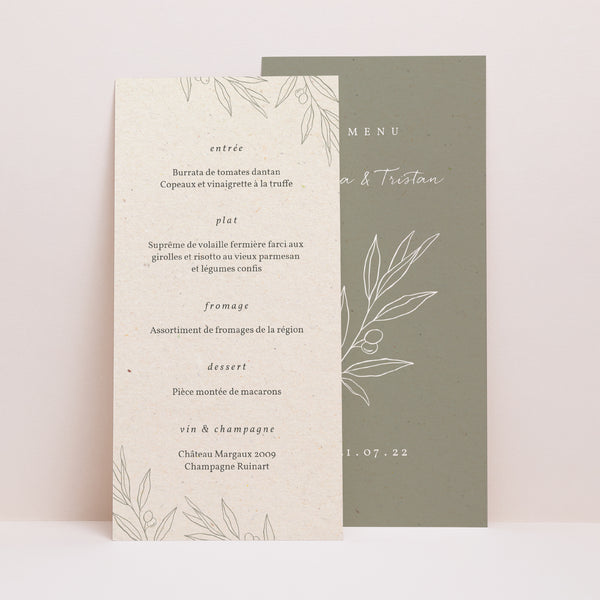 Menu Mariage Panoramique portrait Olivier texture papier photo