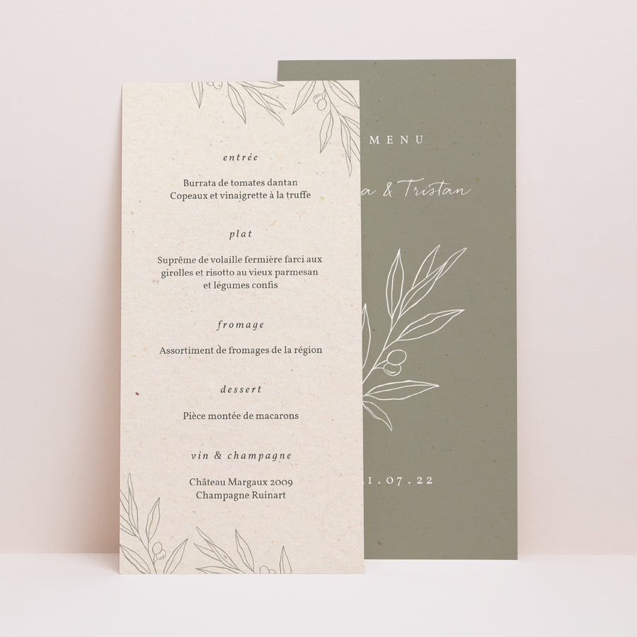 Menu Mariage Panoramique portrait Olivier texture papier photo