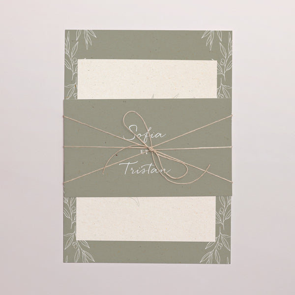 Faire-part Mariage 3 cartes, ruban Olivier texture papier photo