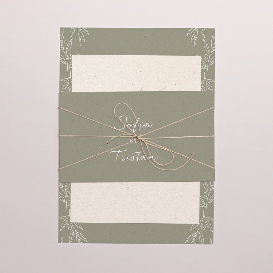 Faire-part Mariage 3 cartes, ruban Olivier texture papier photo