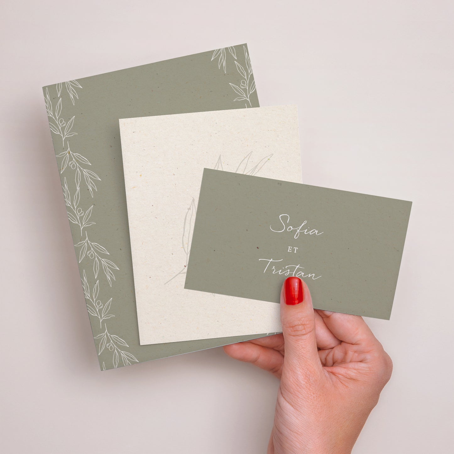 Faire-part Mariage 3 cartes, ruban Olivier texture papier photo N° 3