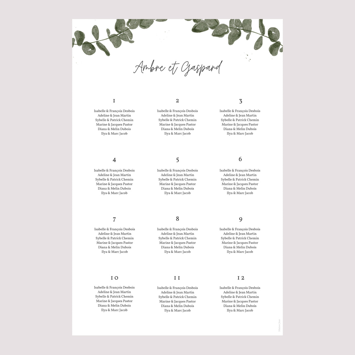 Plan de table Mariage Portrait Eucalyptus aquarelle photo N° 2