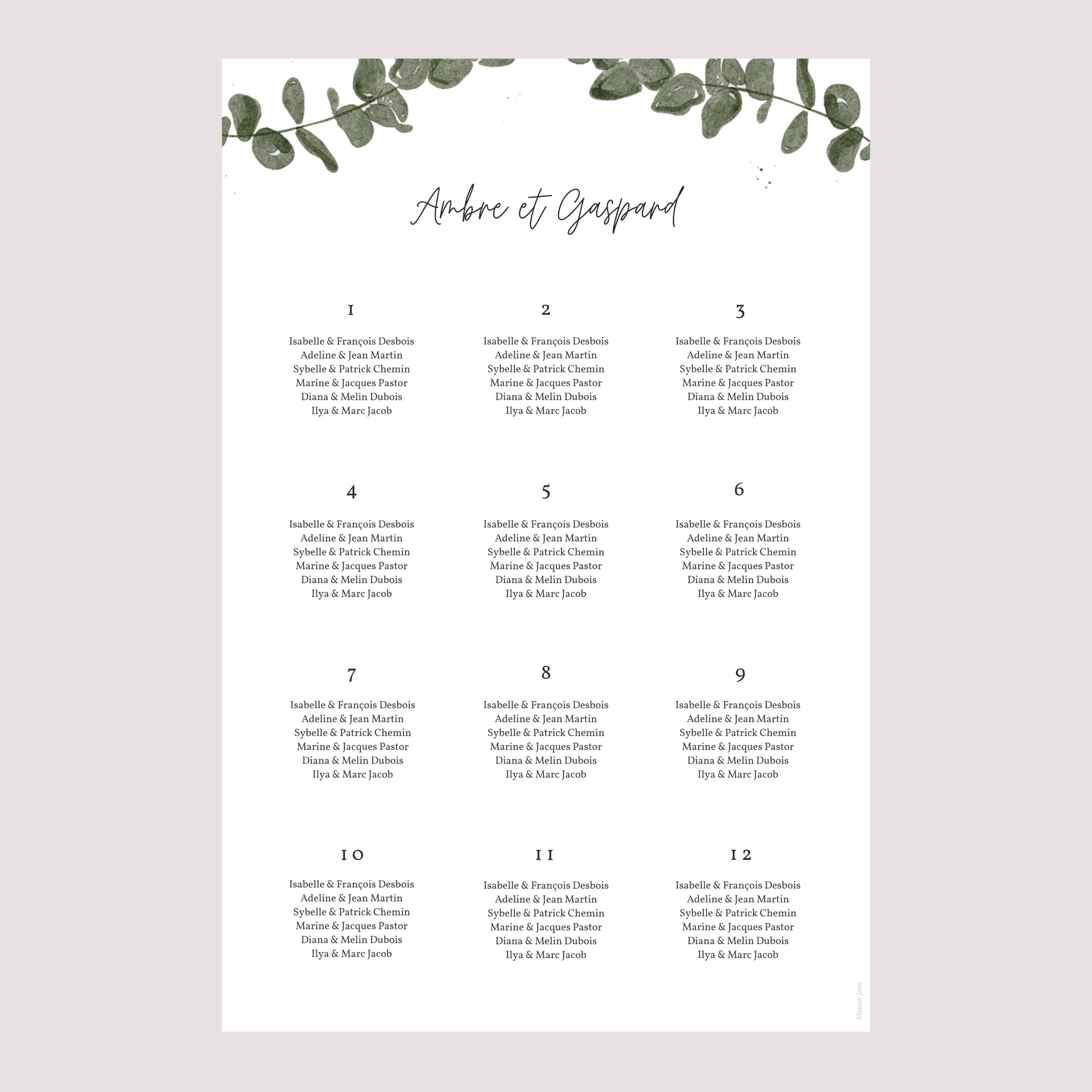 Plan de table Mariage Portrait Eucalyptus aquarelle photo N° 2