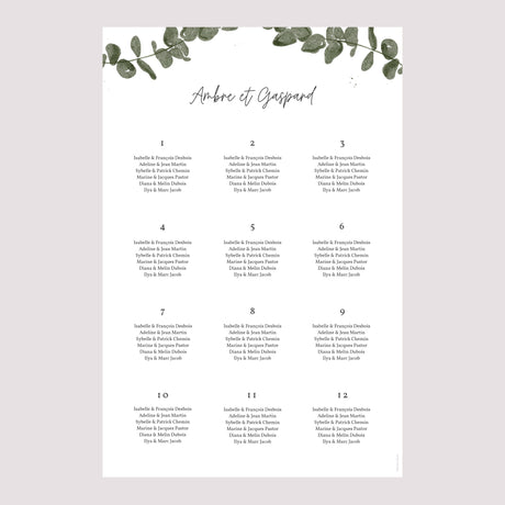 Plan de table Mariage Portrait Eucalyptus aquarelle