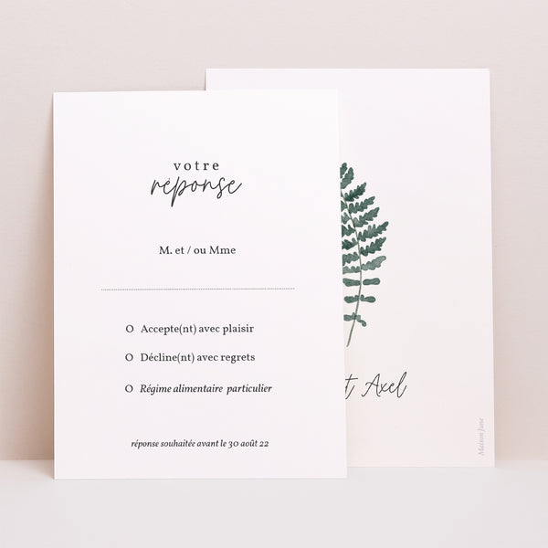 Carton réponse Mariage Portrait Fougère aquarelle photo