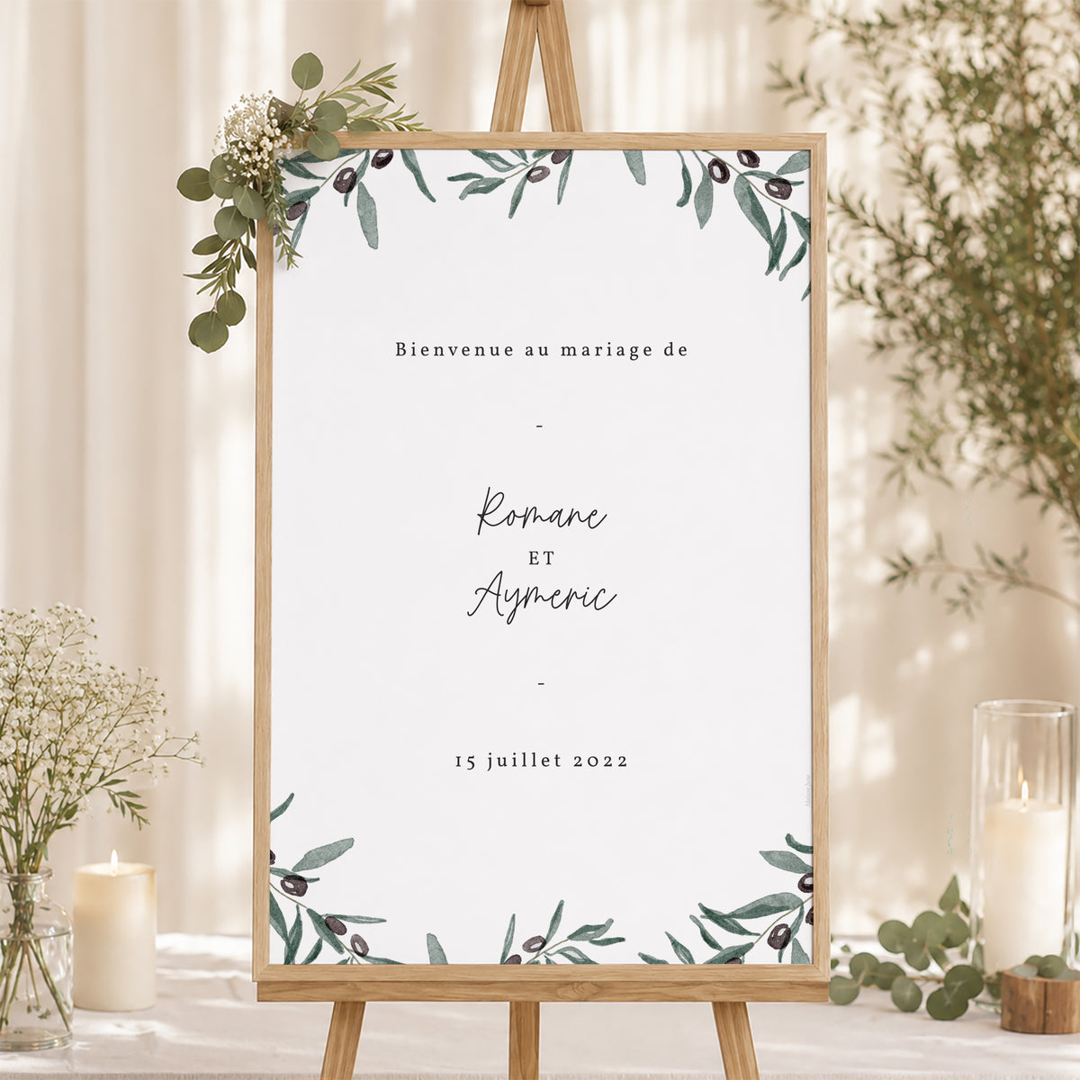 Panneau bienvenue Mariage Portrait 60 x 90 cm Olivier aquarelle photo N° 1