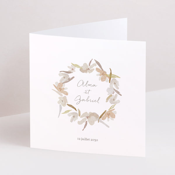 Faire-part Mariage Carré double volet Couronne Fleurs Aquarelle photo