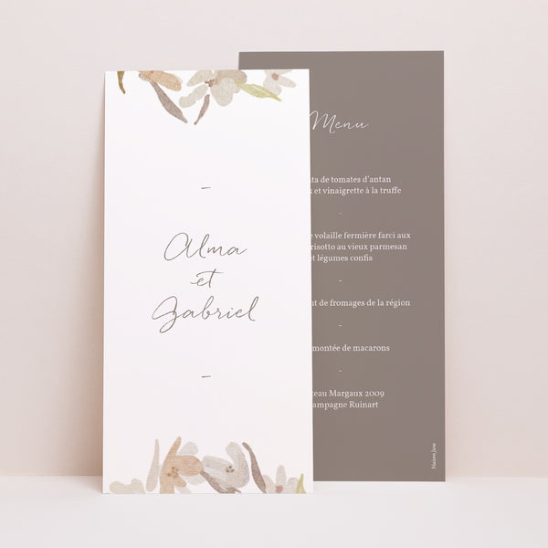 Menu Mariage Panoramique portrait Couronne Fleurs Aquarelle photo