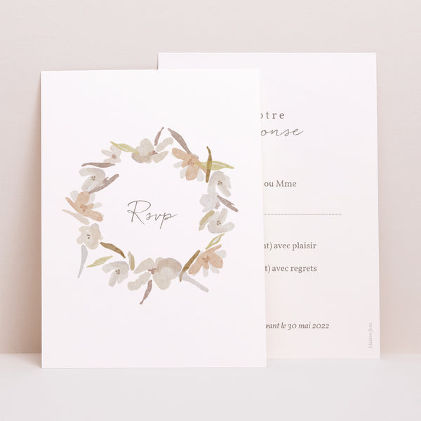 Carton réponse Mariage Portrait Couronne Fleurs Aquarelle photo