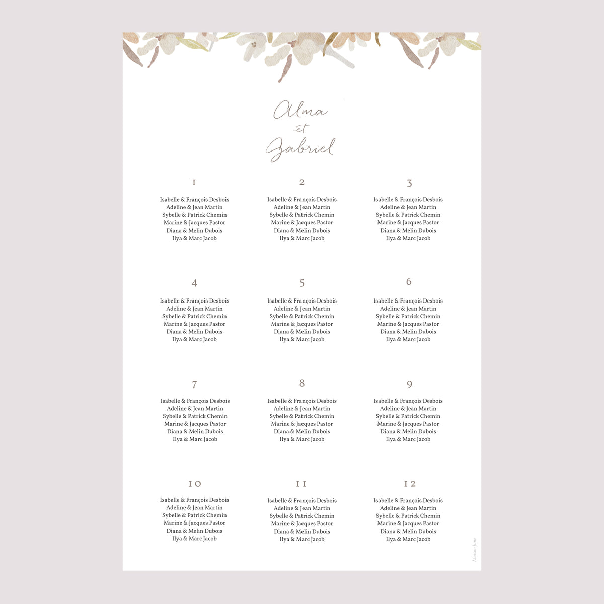 Plan de table Mariage Portrait Couronne Fleurs Aquarelle photo N° 2
