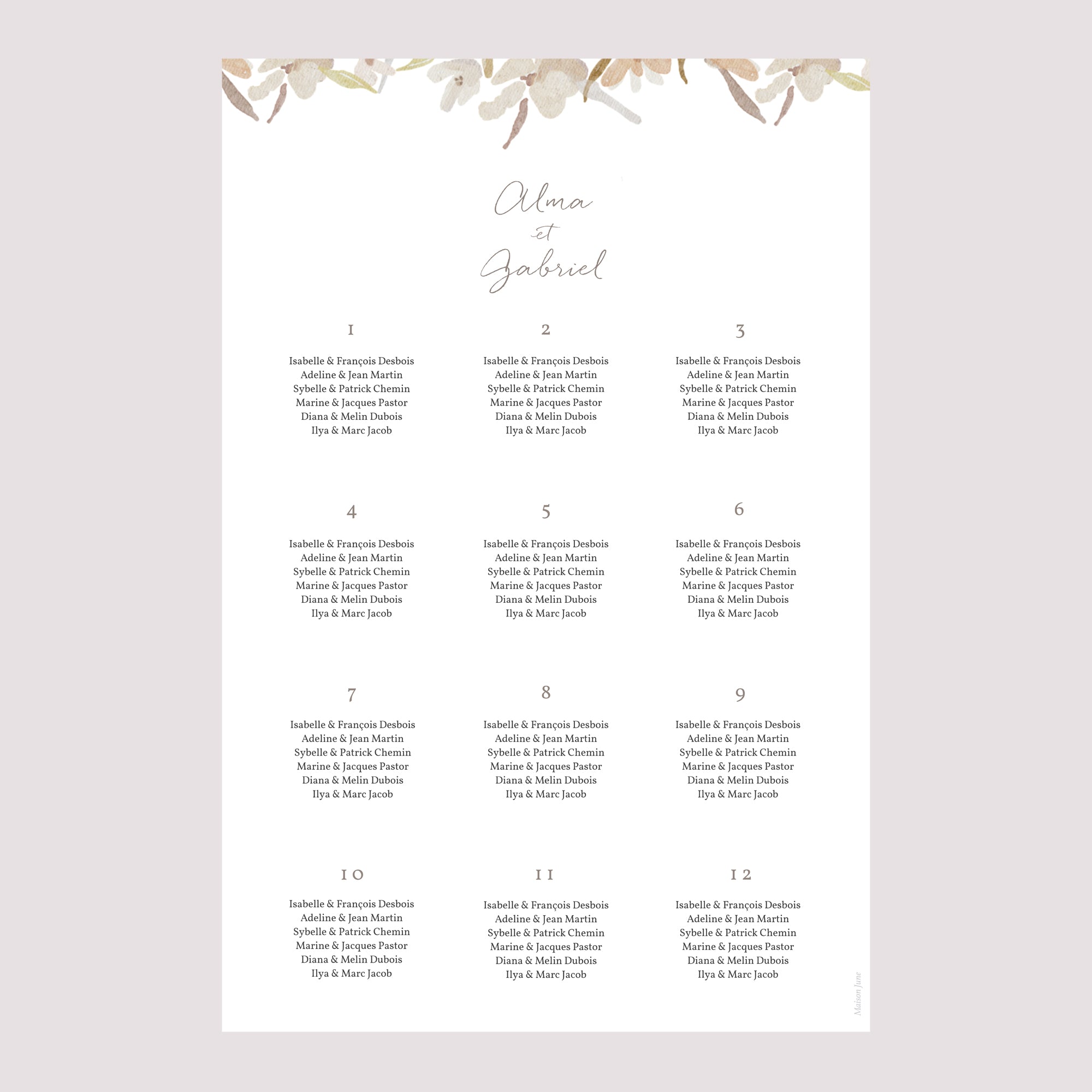 Plan de table Mariage Portrait Couronne Fleurs Aquarelle photo N° 2