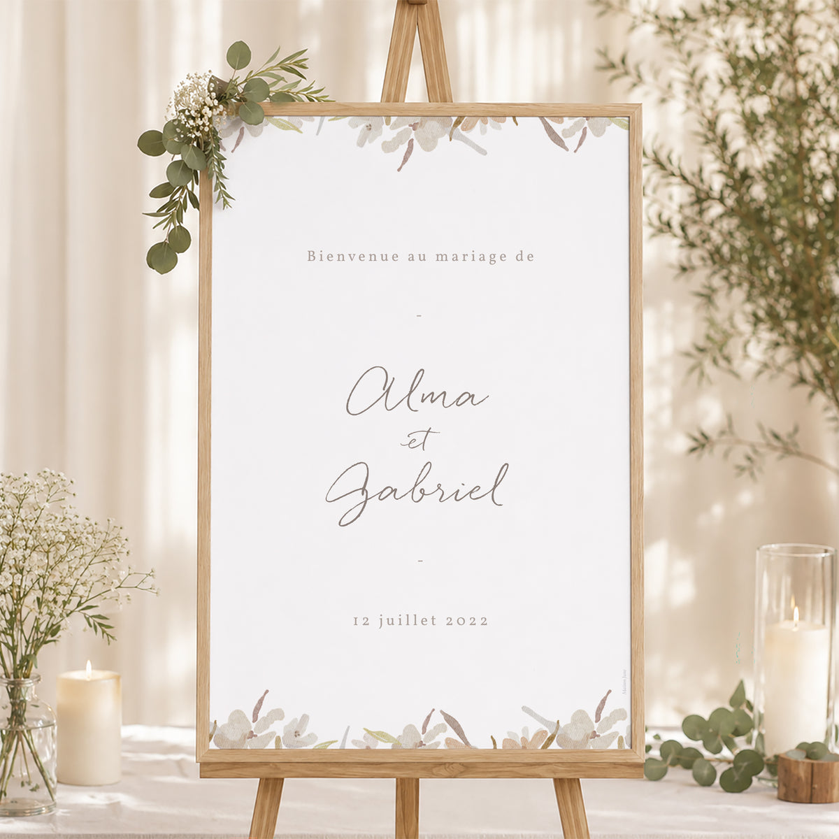 Panneau bienvenue Mariage Portrait 60 x 90 cm Couronne Fleurs Aquarelle photo N° 1