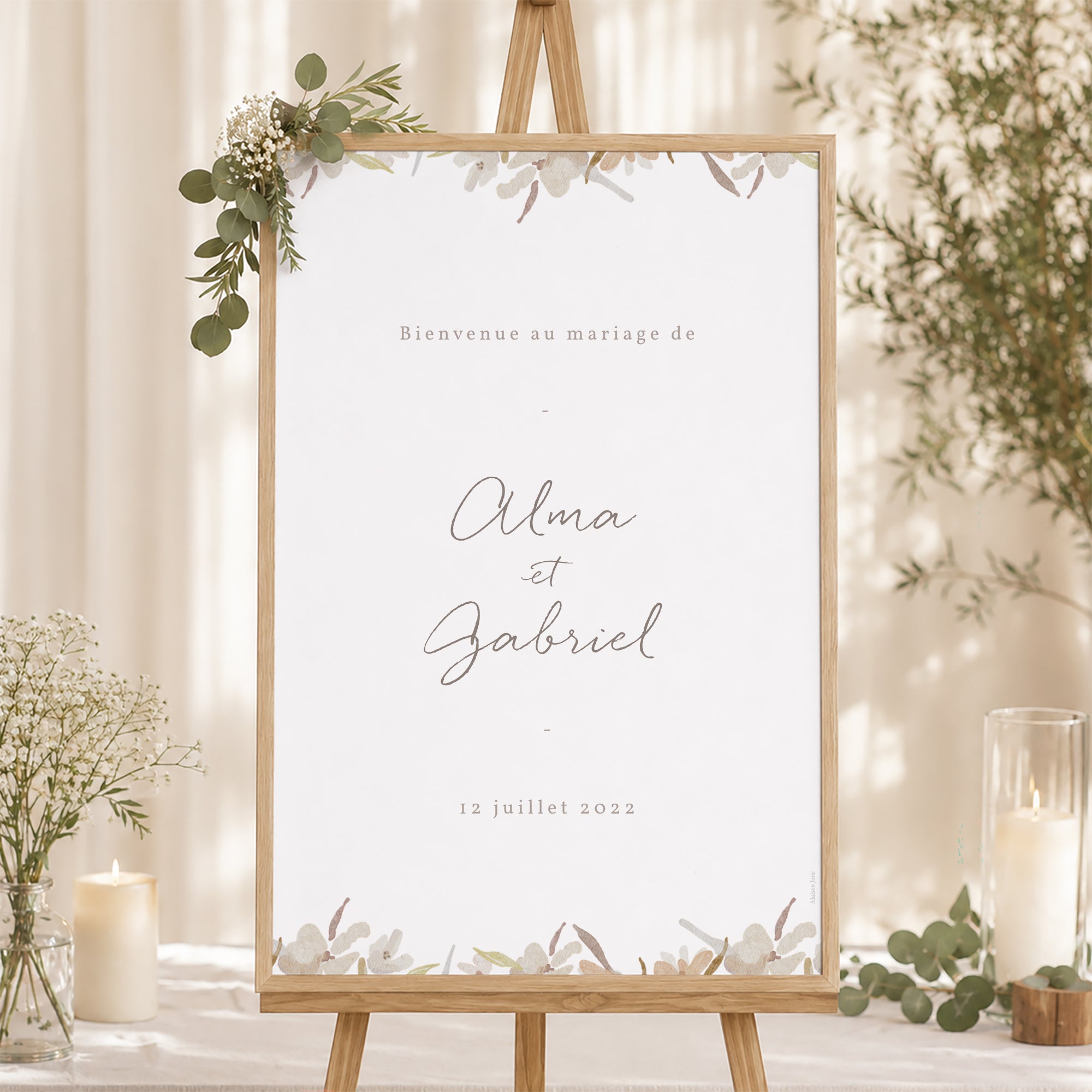 Panneau bienvenue Mariage Portrait 60 x 90 cm Couronne Fleurs Aquarelle photo N° 1