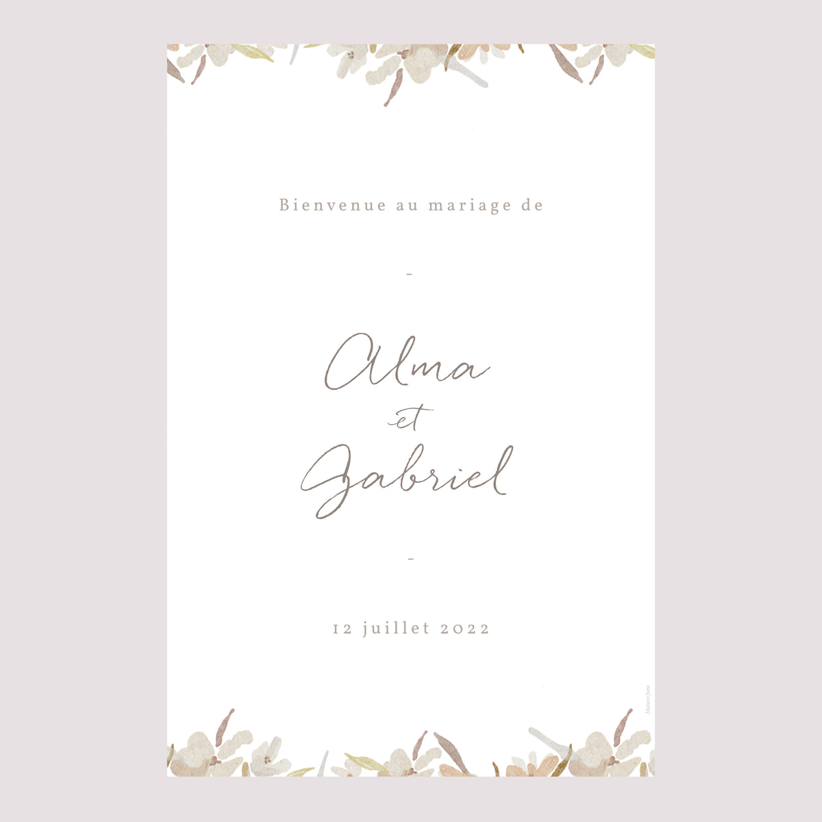 Panneau bienvenue Mariage Portrait 60 x 90 cm Couronne Fleurs Aquarelle photo N° 2